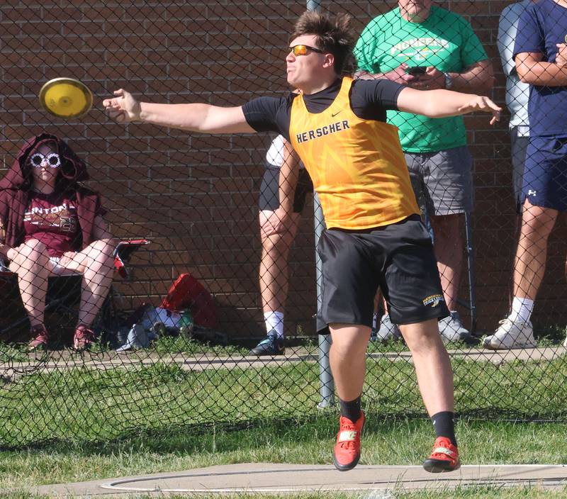 Herscher's Arthur Bauer throws discus during the Class 2A Sectional on Wednesday, May 20, 2026 at Pontiac High School.