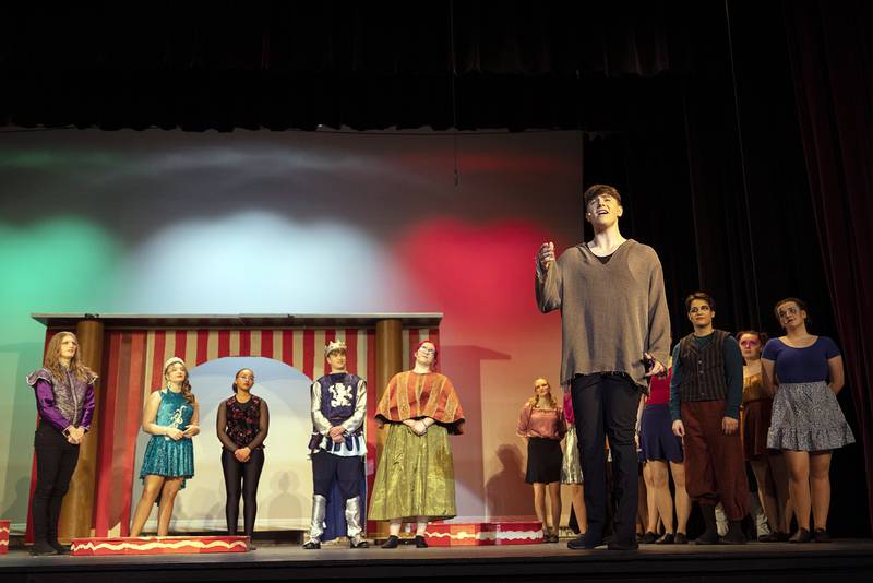 Owen Winters playing the part of the title character in Dixon High School’s “Pippin” rehearses Wednesday, April 17, 2024 in the Wiltz Auditorium at DHS.