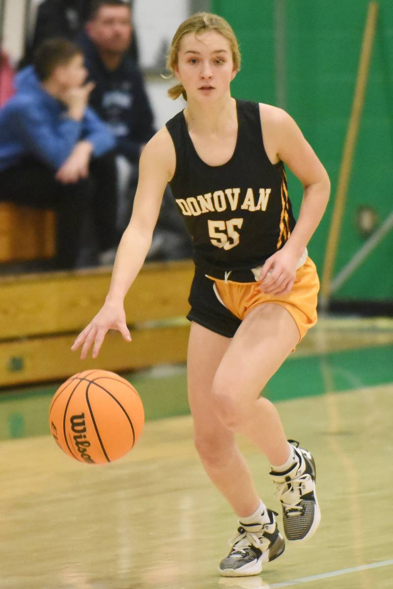 Donovan-St. Anne's Bailey Henneike pushes the ball up the court during an IHSA Class 1A Dwight Regional semifinal against Dwight Monday, Feb. 17, 2025.