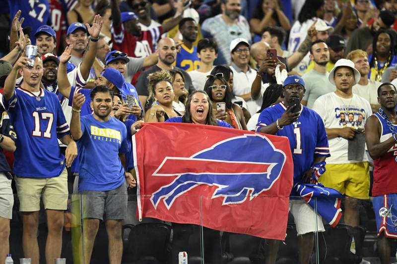 Buffalo Bills fans cheer while playing the Los Angeles Rams during an NFL football game Thursday, Sept. 8, 2021, in Inglewood, Calif. (AP Photo/John McCoy)