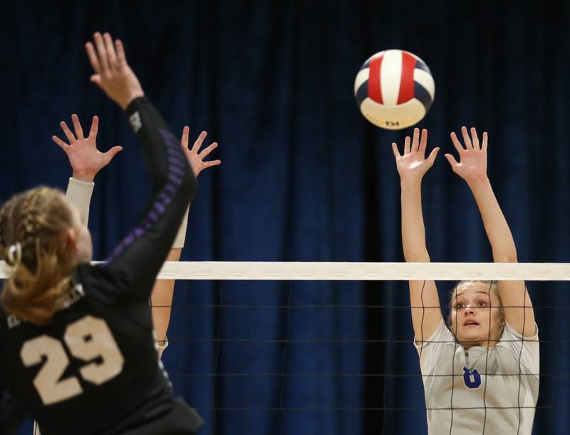 Princeton's Keighley Davis blocks a spike from El Paso-Gridley's Aubrey Phillips in the Class 2A Regional Semifinals on Tuesday, Oct. 29, 2024 at Fieldcrest High School.