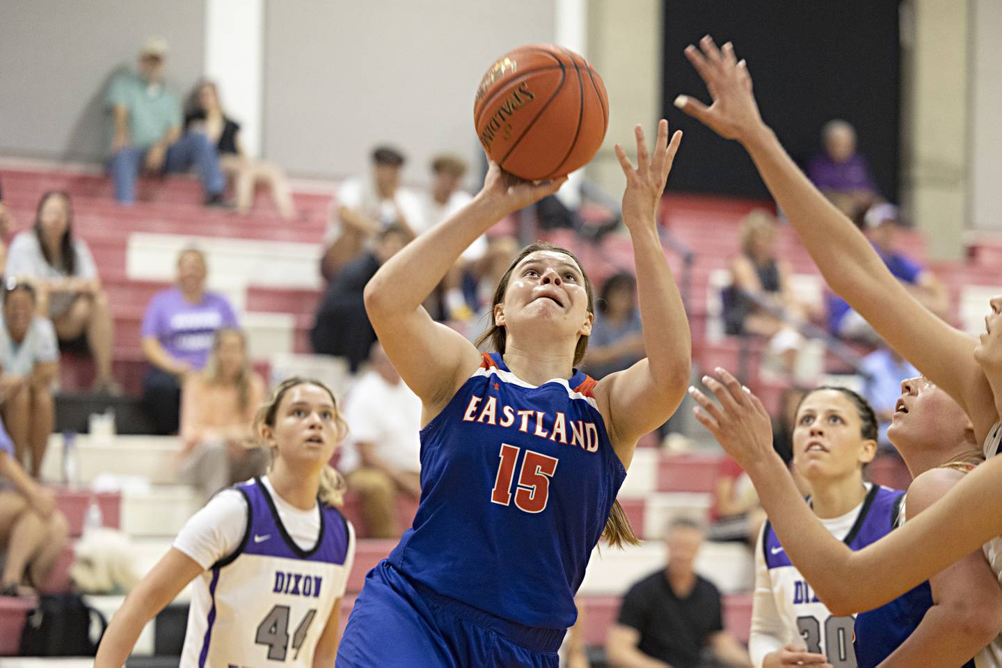 Eastland’s Sarah Kempel puts up a shot Thursday, June 15, 2023 during the Sauk Valley Media All-Star Basketball Classic at Sauk Valley College.