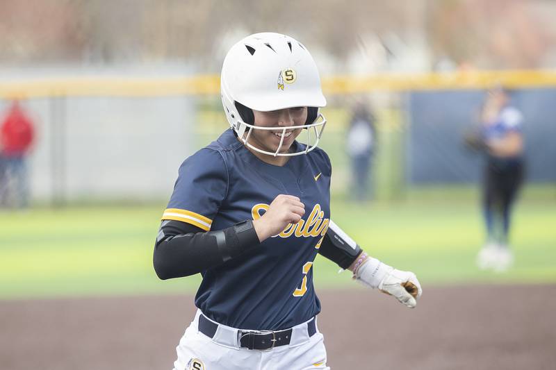 Sterling’s Lily Cantu scores in the first inning against Quincy Tuesday, March 31, 2026.
