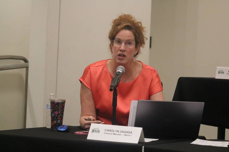 First Ward Alderwoman Carolyn Zasada speaks Aug. 14, 2023 at the DeKalb City Council meeting.