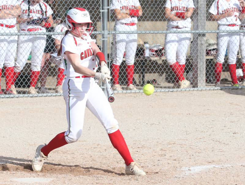 L-P's Addie Duttlinger smacks a hit against Kaneland on Tuesday, April 18, 2023 at Veterans Park in Peru.