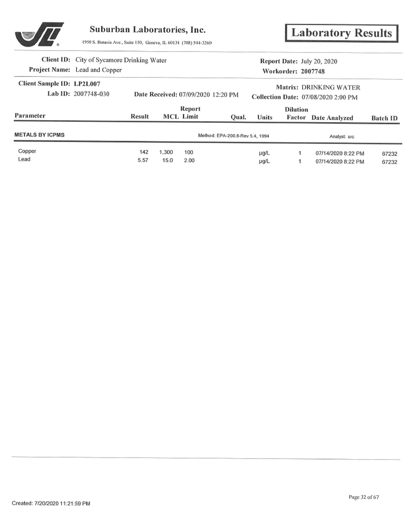 Sycamore residents water quality results show high levels of lead from tests conducted by EPA-certified Prairie State Water Solutions, Inc. while test results from an EPA-certified, Geneva-based lab commissioned by the City of Sycamore show safe lead levels.