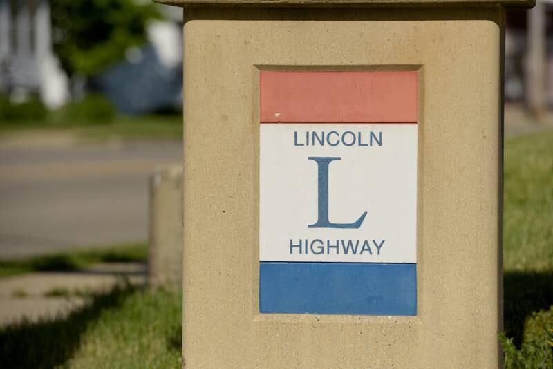 Historical Lincoln Highway marker at Lincoln Highway, Route 38 and 10th Street in DeKalb, IL on Thursday, May 13, 2021.