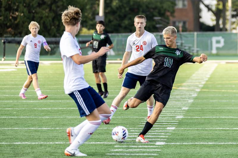 Plainfield Central’s Nathan Dybas attacks the ball during a home game against South Elgin on Aug. 28, 2025.