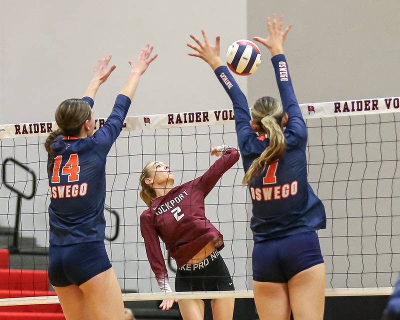 Lockport's Emily Mcgraw (2) spikes the ball during Class 4A Bolingbrook Sectional final match between Lockport at Oswego.  Nov 7, 2024  in Bolingbrook.