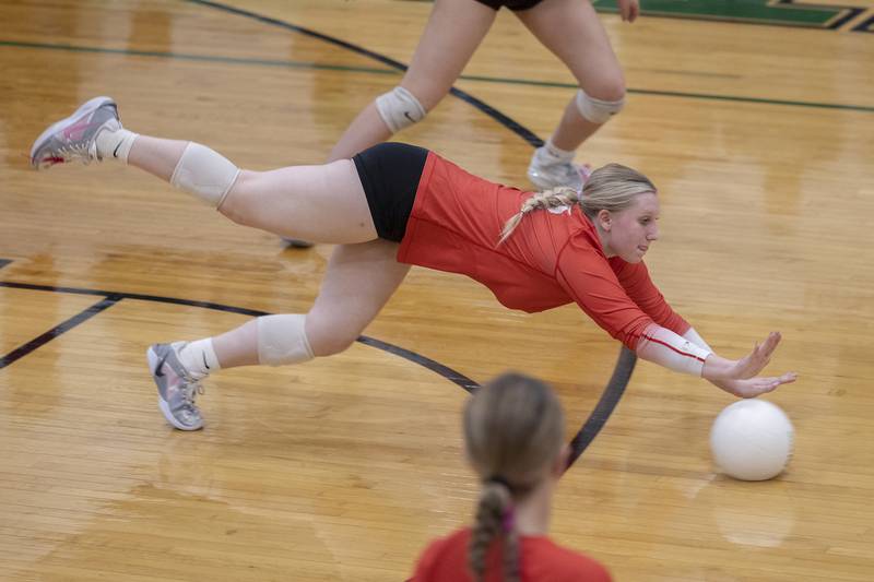 Oregon’s Ella Rowe dives for the ball against Rock Falls Wednesday, Oct. 22, 2025.