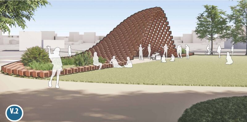 One of the proposed bandshell designs for Depot Park include a structure made out of terra cotta bricks.