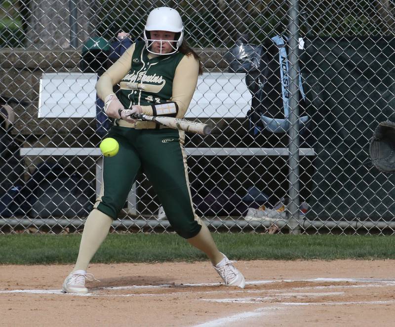 St. Bede's Reagan Stoudt connects for a double against Bureau Valley on Monday, May 1, 2023 at St. Bede Academy.