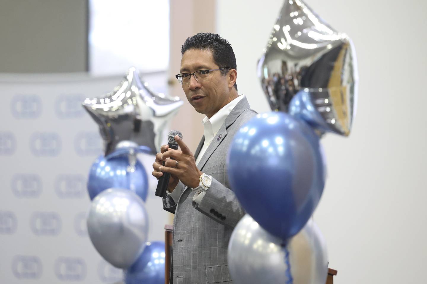 Dr. Clyne Namuo, Joliet Junior College President, speaks at the celebration of the first Will County Summer Internship Program organized by the Will County Center for Economic Development on Wednesday, Aug. 7, 2024 in Joliet.