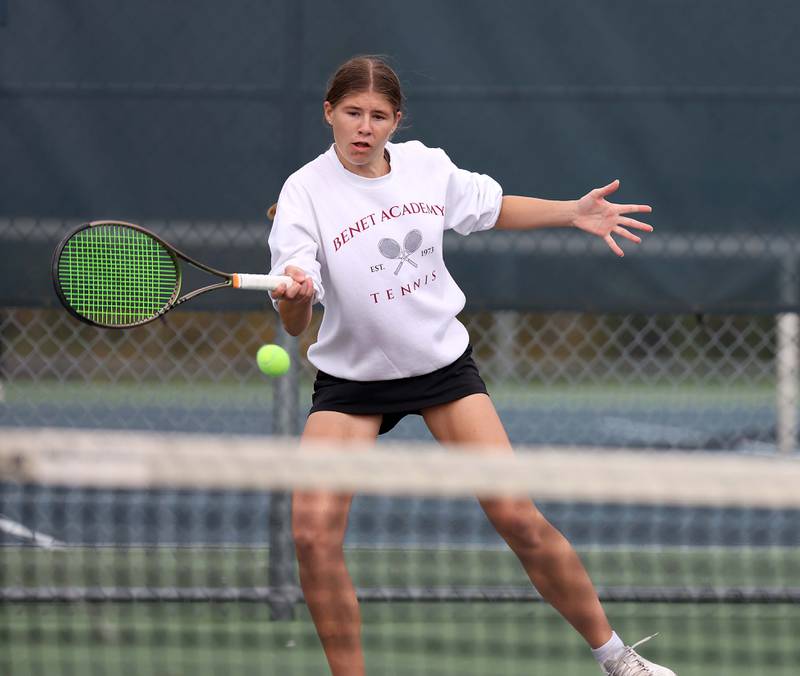 Benet AcademyÕs Clare Lopatka during the 1A Doubles Final match at the IHSA State Tennis Finals Saturday October 21, 2023 in Buffalo Grove.