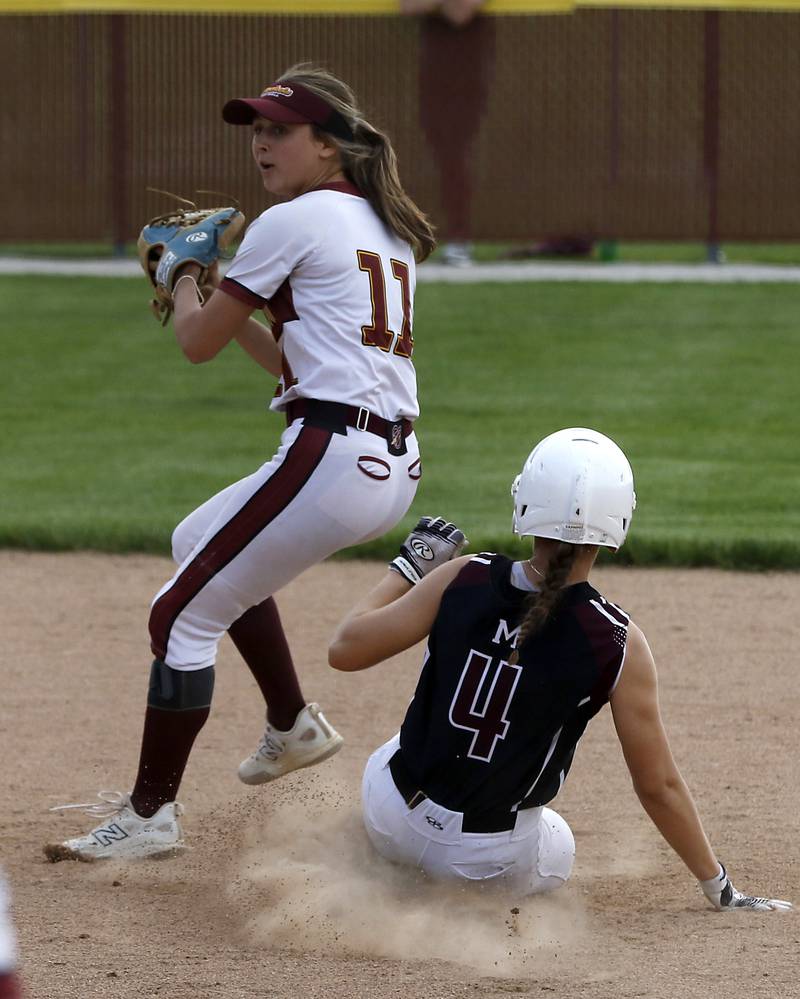 Richmond-Burton's Gracie Johnson holds the ball as forcing out Marengo's Joszsa Christiansen out a second base during a Kishwaukee River Conference softball game on Monday, May 12, 2025, at Richmond-Burton High School in Richmond.
