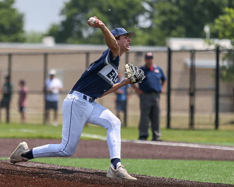 Oswego East's Griffin Sleyko (21) delivers a pitch during Class 4A Romeoville Sectional final game between Oswego East at Oswego.  June 3, 2023.