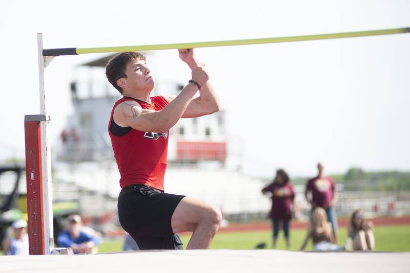 Erie's Trevor Cobo starts his jump in the high jump at the class 1A Erie track sectionals on Thursday, May 19, 2022.