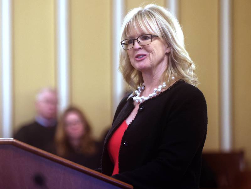 Circuit Clerk Lori Grubbs speaks after being sworn in by Chief Judge Bradley Waller Monday, Dec. 2, 2024, during a ceremony at the DeKalb County Courthouse in Sycamore.