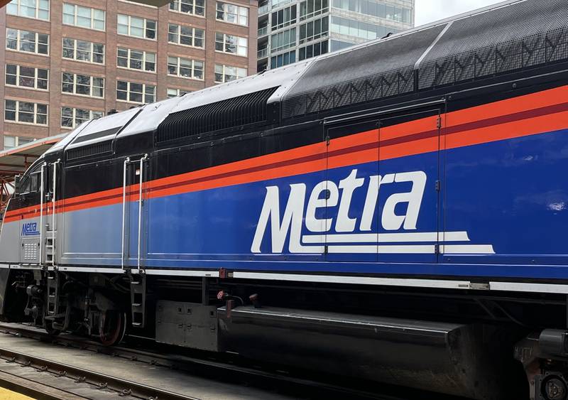 Metra train engine sits outside the LaSalle Street Station in Chicago.