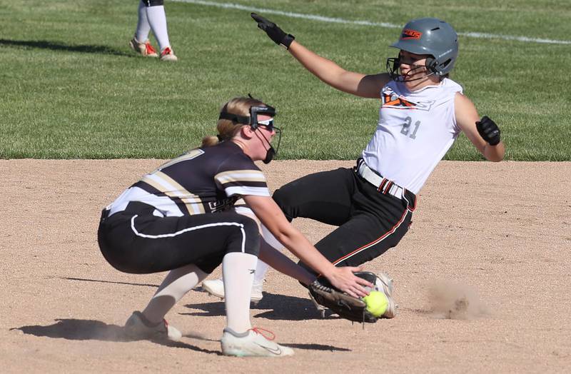 Sycamore's Keera Trautvetter takes the throw as Freeport's Kailen Pro steals second during their Class 3A regional championship game Friday, May 26, 2023, at Sycamore High School.