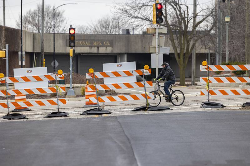 Barriers block the entrance to Second Street off First Avenue in Sterling on Friday, Jan. 9, 2026. Construction was expected to be complete by June of 2026.