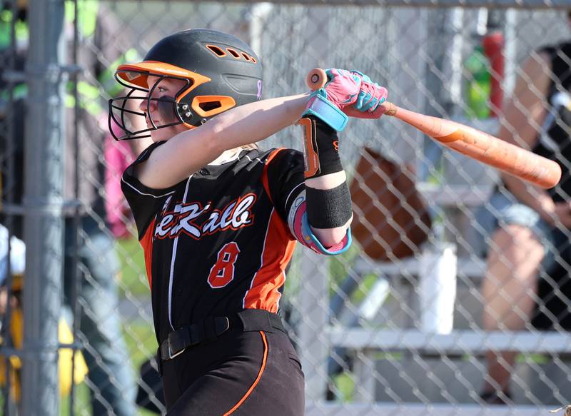 DeKalb's Cassidy Cavazos takes a cut Wednesday, April 22, 2026, during their game against Metea Valley at DeKalb High School.
