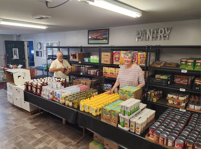 The pantry provided items for a holiday picnic including hamburgers, hot dogs, brats, salads, beans, chips, ketchup, mustard, cheese, pickles and much more.