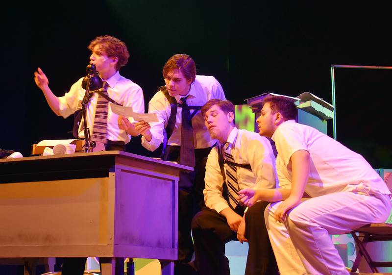 Actors playing FBI agents rehearse a scene for Sterling High School’s musical “Catch Me if You Can,” Wednesday, Feb. 26th, 2025. Show times are Feb. 28 and March 1 at 7:30pm and March 2, at 2pm. Tickets are $12 for adults and $7 for students.