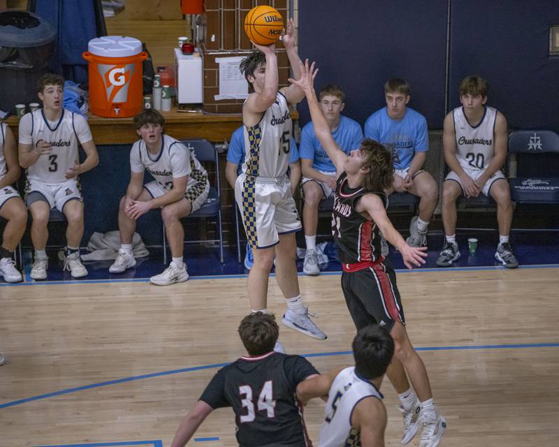 Alec Novotney shoots his 1000th point during the game against Henry-Senachwine on February 7, 2025 at Bader Gym.
