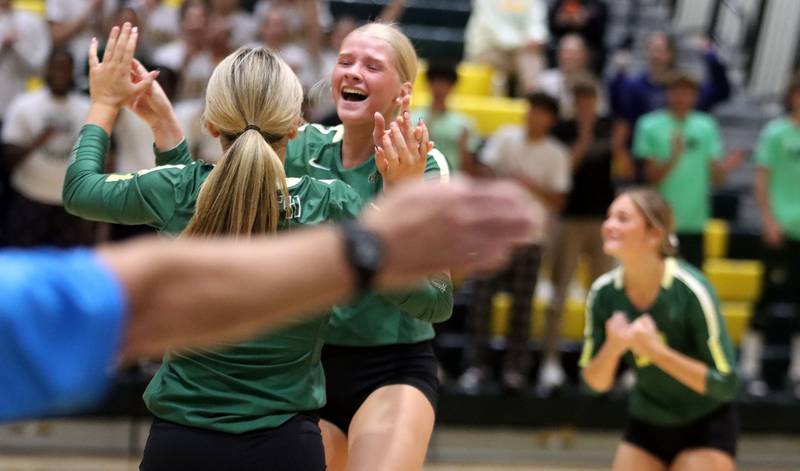 Crystal Lake South’s  Maddy Cook celebrates with the Gators during a two-set win over Crystal Lake Central in varsity volleyball at Crystal Lake South High School in Crystal Lake on Tuesday, Oct. 7, 2025.