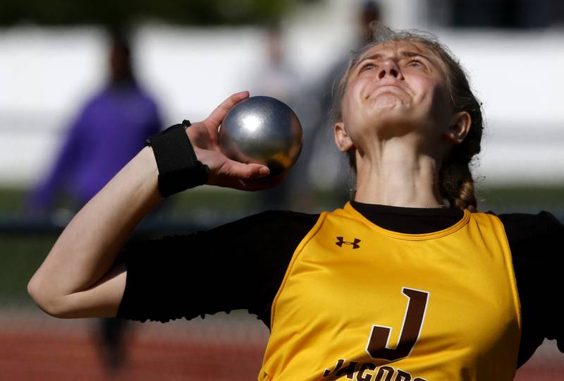 Jacobs’ Carly Uehlein throws the shot putt on Thursday, May 8, 2025, during the Fox Valley Conference Girls Track and Field Meet at Huntley High School.