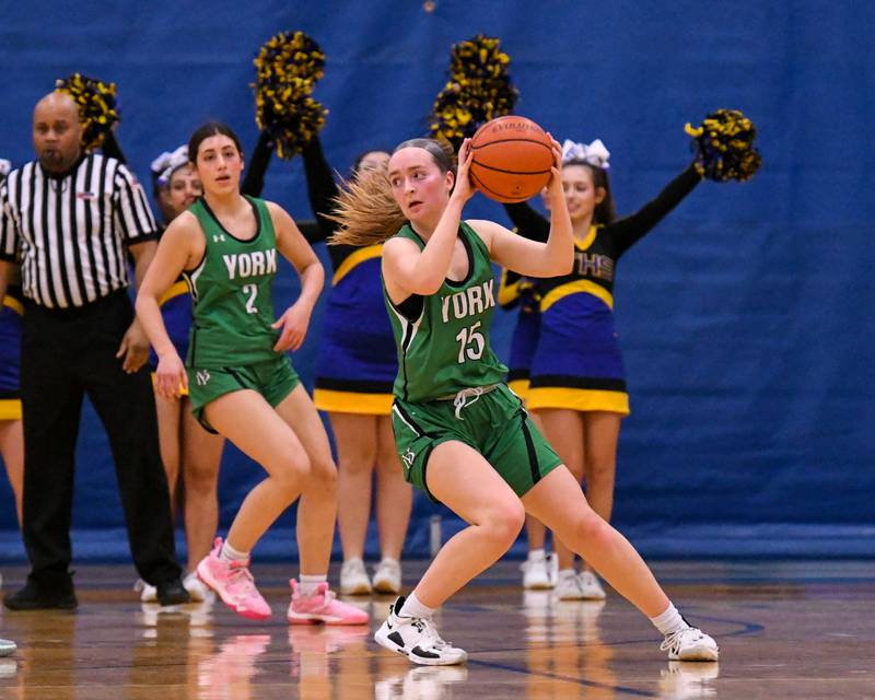 York Allison Sheehan (15) grabs a loose ball during the second quarter while taking on Lyons Township on Friday Feb. 3rd at Lyons Township High School.