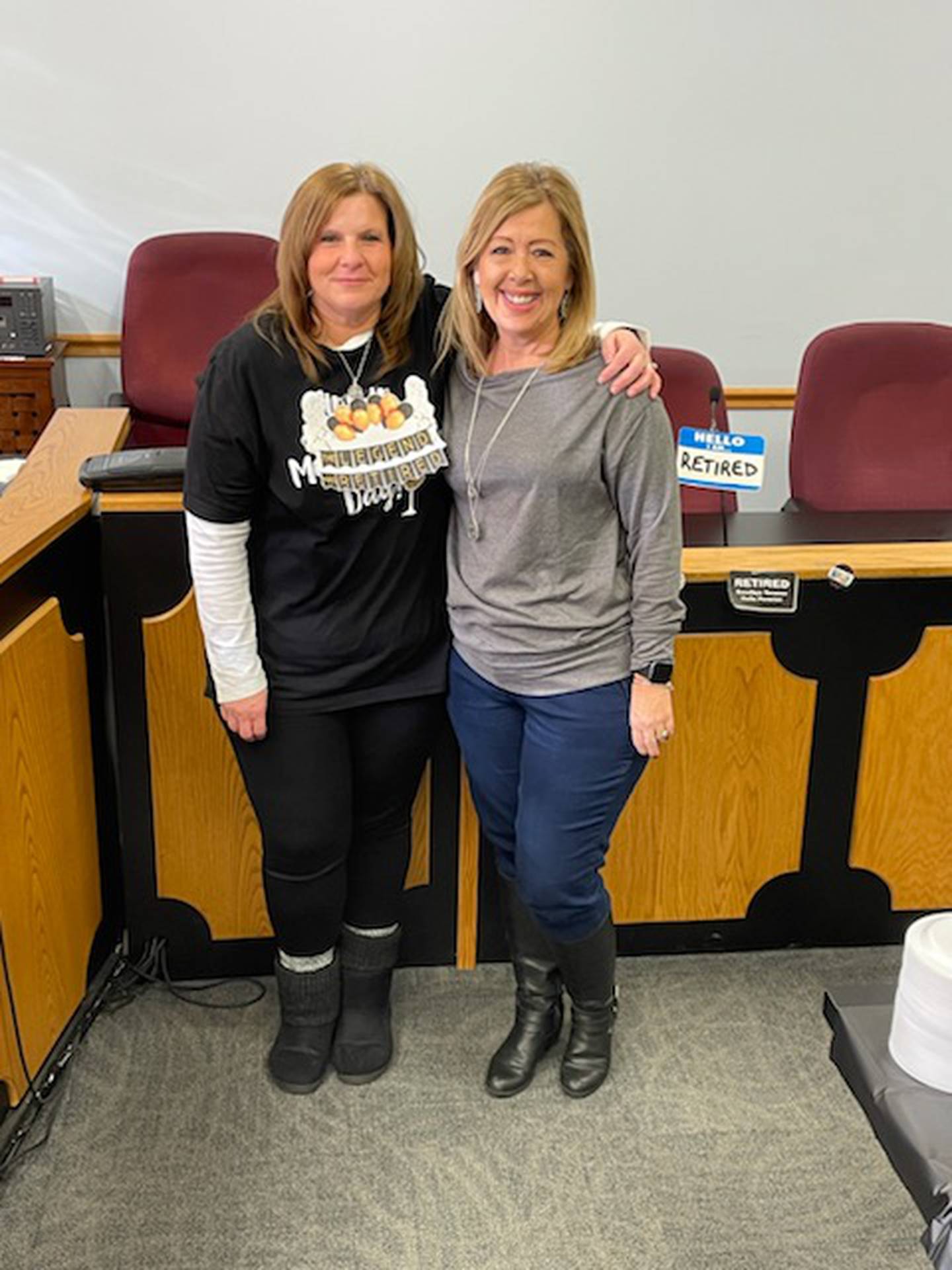 Janet Serdar of Crest Hill (in the "my retirement day" shirt) poses with retired city clerk Vicki Hackney at the city of Crest Hill on Friday, January 7, 2022 to celebrate Serdar's retirement. Serdar had worked for the city of Crest Hill for 35 years.