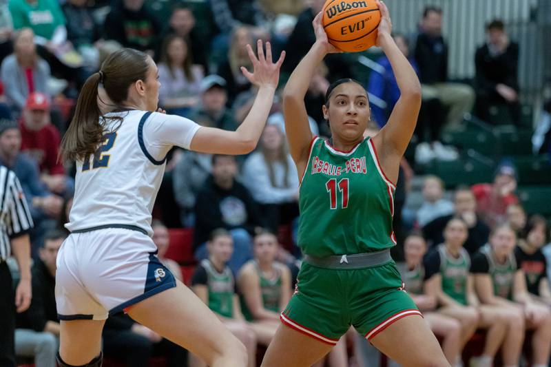 Giavanna Grebner of LP looks for a passing option during the IHSA Class 3A Girls Basketball Regionals in Sellett Gym on February 6, 2026 at LaSalle-Peru High School.