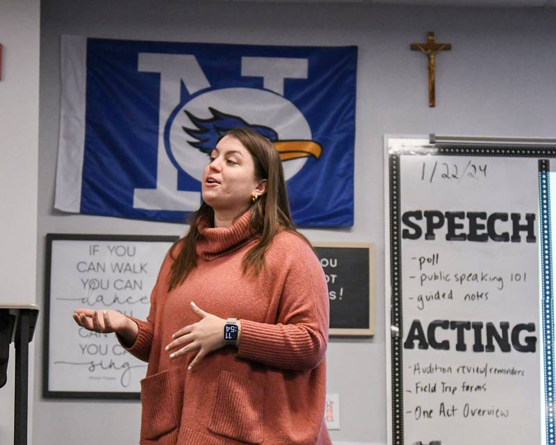 Nazareth Academy Theater Director Aileen O’Carroll talks to her theater students about act one plays during class on Monday Jan. 22, 2024, at Nazareth Academy High School La Grange Park.