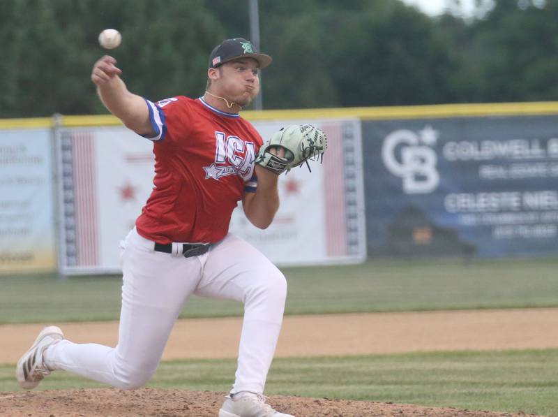 Dwight's Luke Gallet lets go of a throw during the ICA Senior Baseball All Star Game on Monday, June 30, 2025 at Schweickert Stadium in Peru.