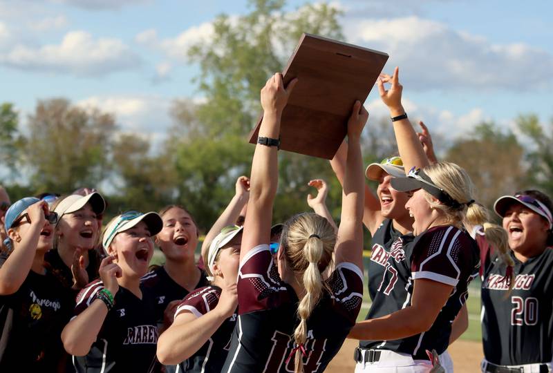 Marengo’s Indians celebrate a win over Aurora Central Catholic in IHSA Class 2A Regional Title Game action softball at Marengo High School in Marengo on Friday, May 23, 2025.