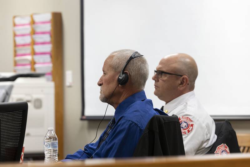 Retired Rock Falls Fire Chief Cris Bouwens (left) and current Chief Ken Wolf appear in Whiteside County Court Tuesday, Nov. 4, 2025, for the wrongful death suit.