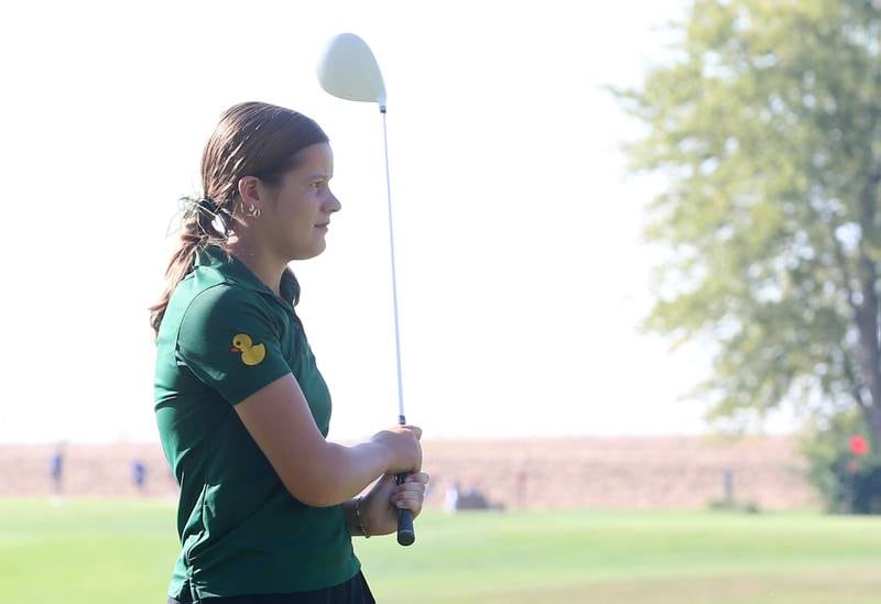 St. Bede's Quinn Entrican tees off during the Class 1A Regionals on Tuesday, Sept. 30, 2025 at Spring Creek Golf Course in Spring Valley.