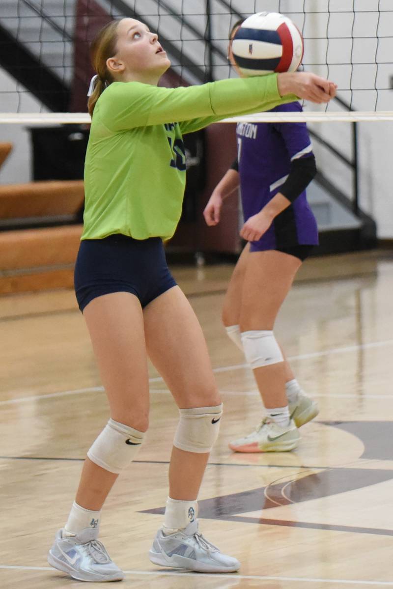 Cissna Park's Kendyl Neukomm digs the ball during the IHSA Class 1A Watseka Sectional championship against Lexington Thursday, Nov. 6, 2025.