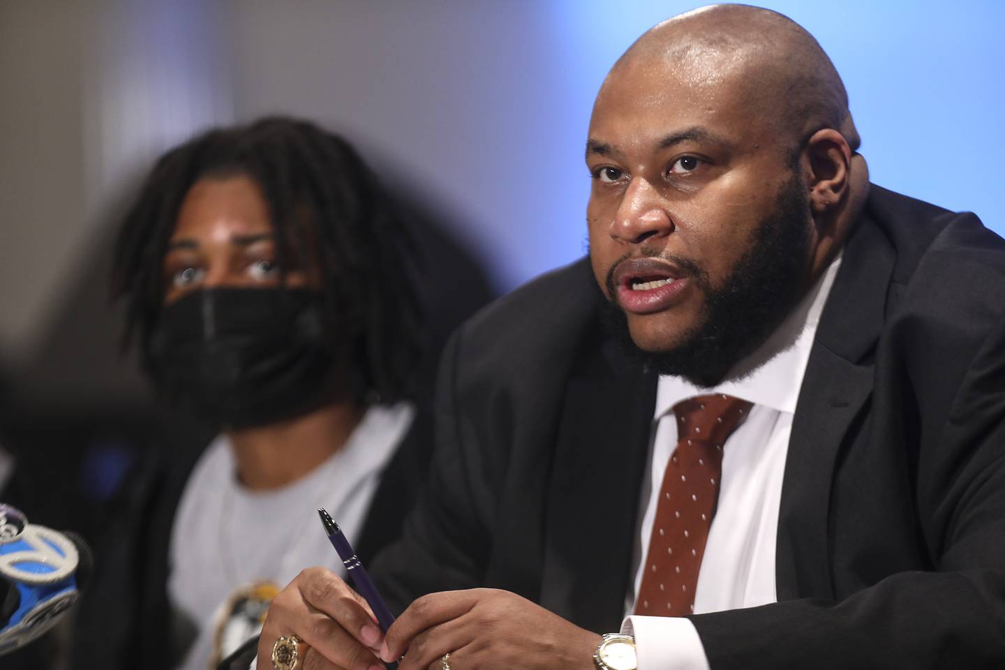 Local attorney Keenan Saulter addresses the media at a press conference on Thursday, April 8, 2021, at One Vision Worship Center in Joliet, Ill. Jazzpher Evans, a current Quincy University student and Joliet West High School graduate was allegedly assaulted in a racially motivated attack on Sunday night at a local Quincy bar.