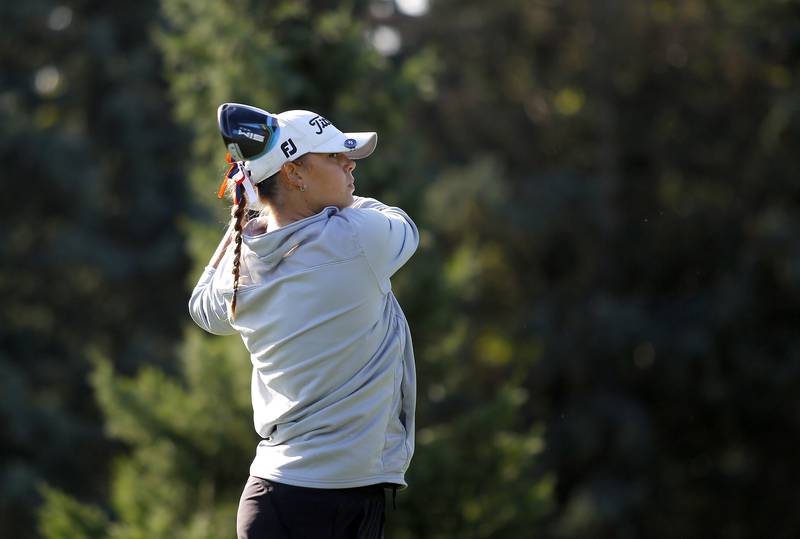 Oswego East’s Kendall Grant tees off during the Class 2A Waubonsie Valley Girls Golf Sectional on Monday, Oct. 6, 2025 at Springbrook Golf Course in Naperville.