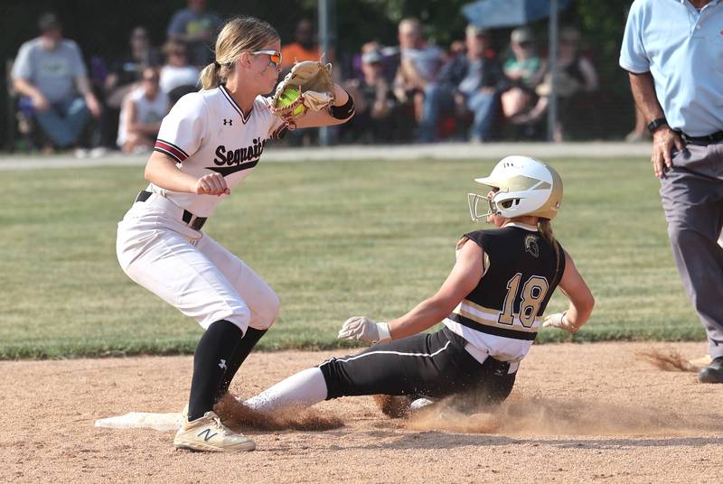 Sycamore's Addison McLaughlin arrives at second as Antioch's Claire Schuyler takes the throw during their Class 3A supersectional game Monday, June 5, 2023, at Kaneland High School in Maple Park.