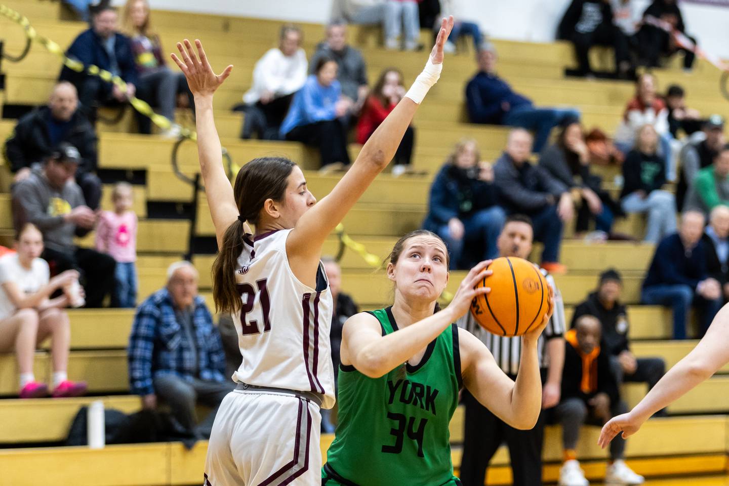York’s Olivia Silkaitis drives to the basket during a varsity girls basketball game against Lockport at Lockport Township High School East Campus on Feb. 12, 2026.
