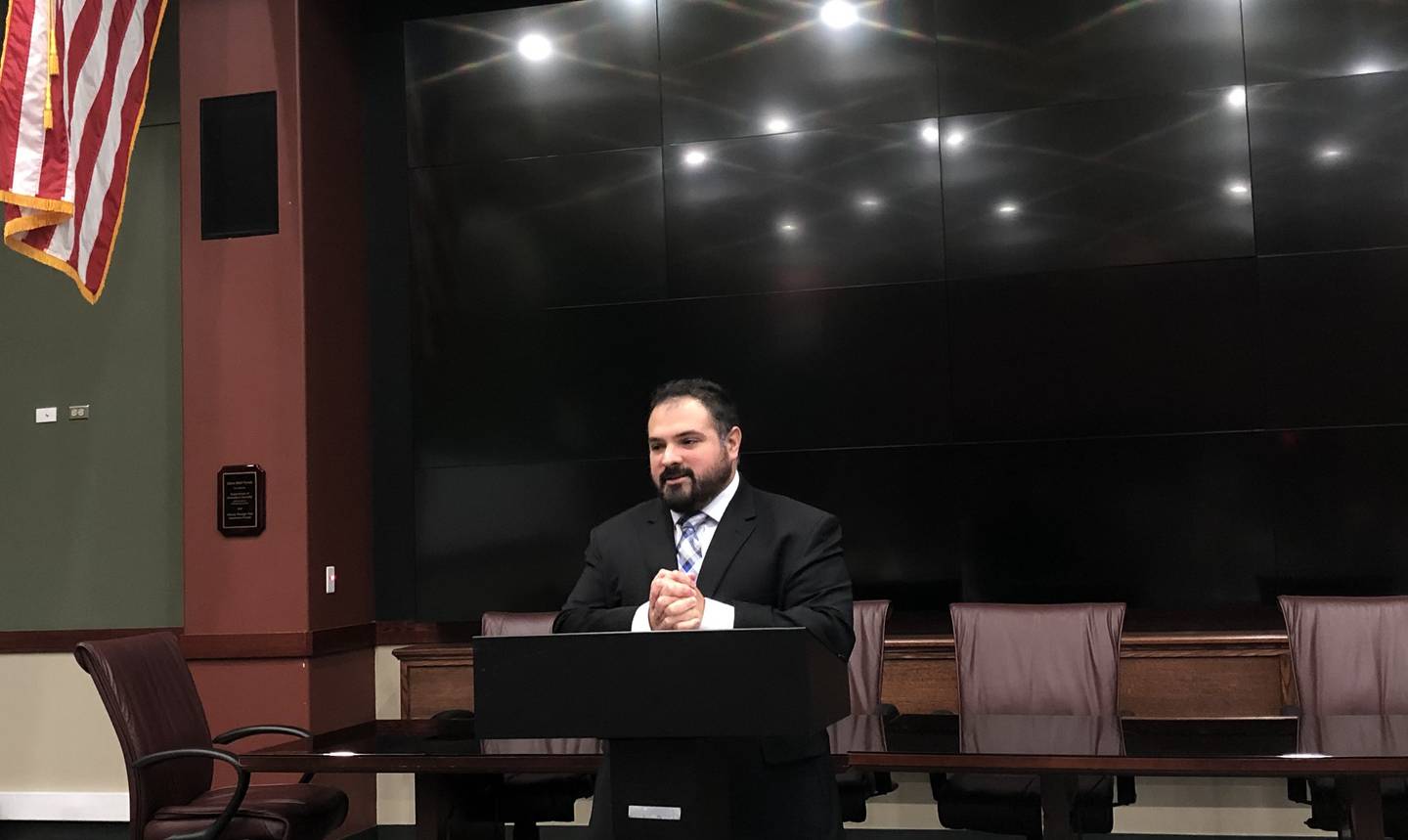 Oswego Village Board candidate Andrew Torres answers questions Monday, March 20, 2023 at a candidate forum held by the Oswego Chamber of Commerce at the Oswego Fire Protection District at 3511 Woolley Road.