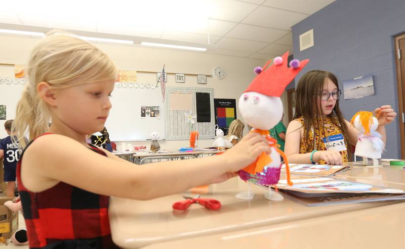 Juliette S. and Christina B. create MimicBots during Camp Invention at Central Intermediate School on Thursday, June 15, 2023 in Ottawa. Exploring nature, genetics and adaptive innovation, kids turned a MimicBot into a one-of-a-kind animatronic stuffie.