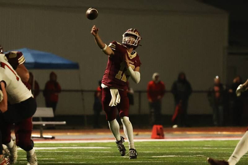 Morris’ Brady Varner launches a deep pass against Highland on Saturday, Nov. 9, 2024 in Morris.