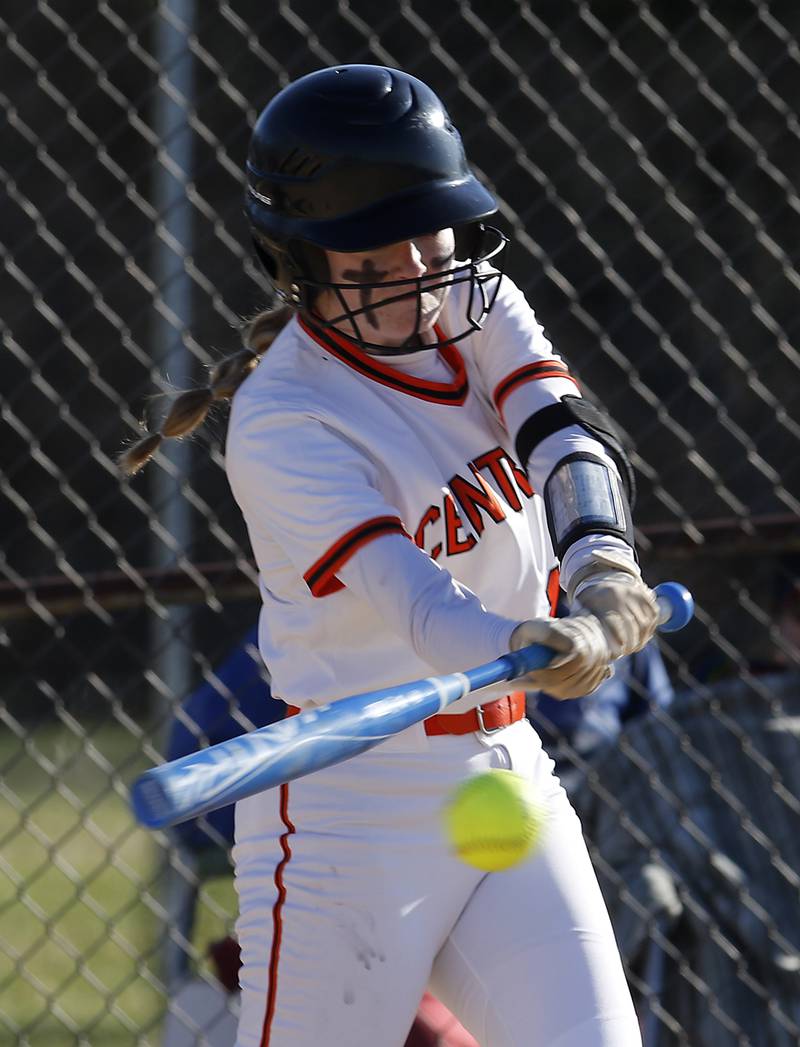 Crystal Lake Central’s Sophia Nieckula hits the ball during a Fox Valley Conference softball game against  Cary-Grove Thursday, April 6, 2023, at Crystal Lake Central High School.