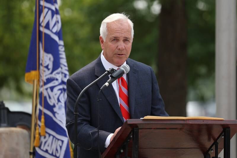 Joliet Mayor Terry D’Arcy speaks at a special Flag Day ceremony dedicating a memorial to remember the 28 World War II Submarines that traveled through Joliet on their way to the Pacific theater in Bicentennial Park on Wednesday, June 14, 2023 in Joliet.