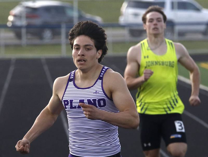 Plano’s Johnny Espino wins the 400 meter run during the Kishwaukee River Conference Boys Track and Field Meet on Tuesday, May 12, 2026, at Johnsburg High School.